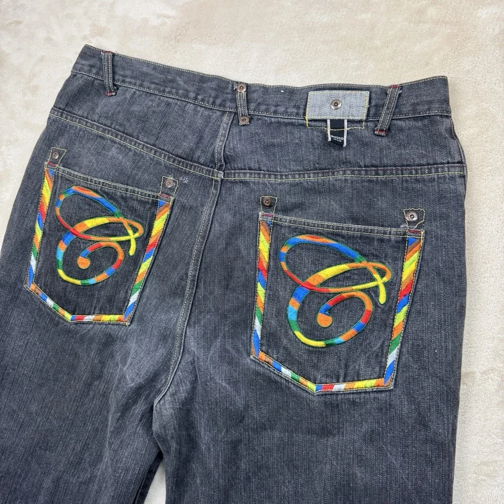 Y2K Russo Jorts Men 40(38) Black Baggy Shorts Rainbow Embroidered Drawstring Hem